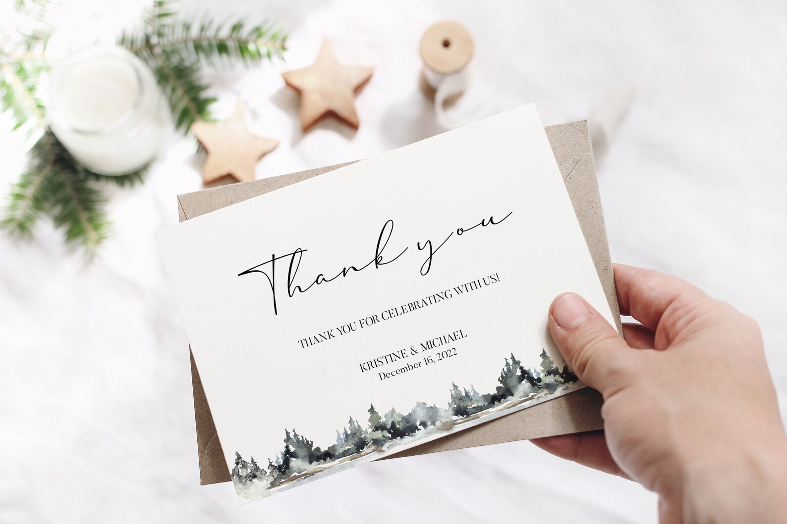 Thank You Card Template for Winter Weddings. Printable Wedding Card ...
