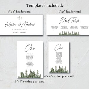 May include: A set of printable wedding templates featuring a woodland theme. The templates include a 9x4 inch header card with the text "Kristine & Michael" and "Please find your seat", a 9x4 inch header card with the text "Head Table", a 5x7 inch seating plan card with the text "One" and a list of names, and a 4x6 inch seating plan card with the text "One" and a list of names.