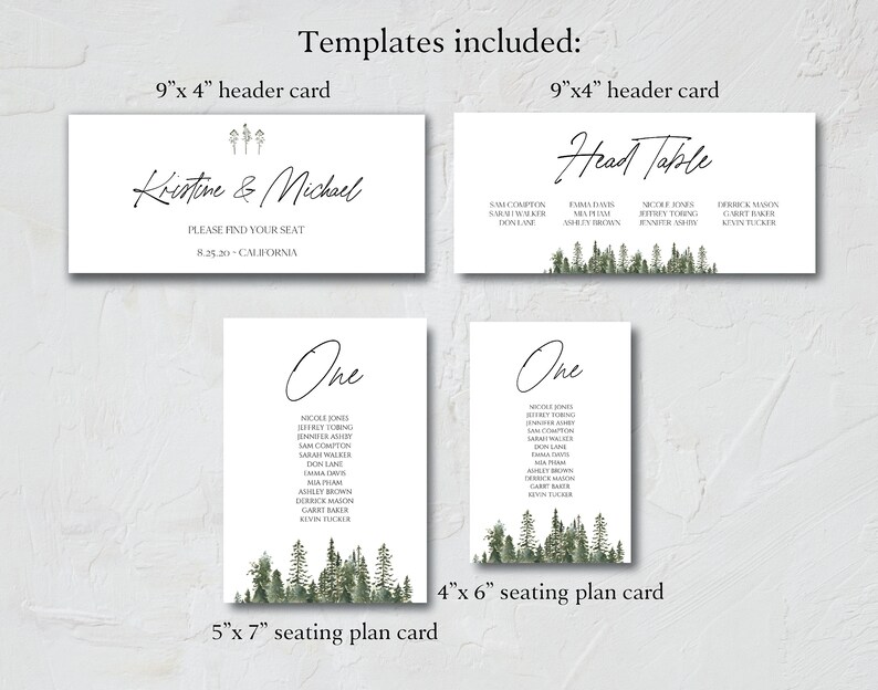 May include: A set of printable wedding templates featuring a woodland theme. The templates include a 9x4 inch header card with the text "Kristine & Michael" and "Please find your seat", a 9x4 inch header card with the text "Head Table", a 5x7 inch seating plan card with the text "One" and a list of names, and a 4x6 inch seating plan card with the text "One" and a list of names.
