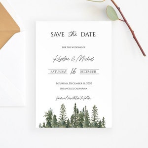 Salva la data dell'albero di pino, modello salva la data della montagna, salva la data della foresta, montagna della foresta, invito a nozze sull'albero digitale 0211_012