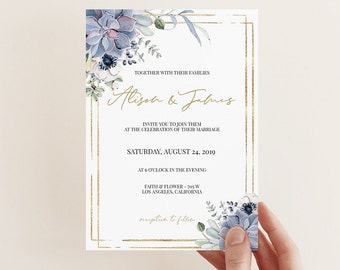 Spring Wedding Invite, Floral Succulent Invitation,  Wedding Invitation Template, Editable Wedding, Printable Wedding, Boho Wedding 0156_01