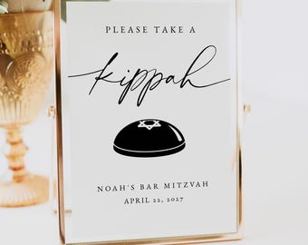 Plantilla de letrero para kipá de Bar Mitzvah, Letrero "Por favor, tome una kipá", Letrero de yarmulke, Decoración judía para Bar Mitzvah, Descarga instantánea editable, 0230_127
