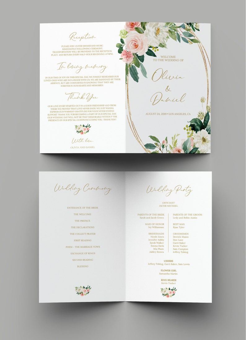 Fully Editable Folded Wedding Program Template, Floral Folded Ceremony ...