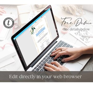 May include: A laptop computer displaying a wedding program template with a blue and gold color scheme. The text on the screen reads "Welcome to the Wedding of" and includes the names "Katie & Matt". The text "Free Demo" is displayed above the laptop, with the text "See details below" underneath.