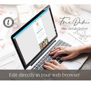 May include: A laptop computer displaying a blue and gold medical themed invitation with a photo of a woman. The text on the invitation reads "Free Demo See details below".