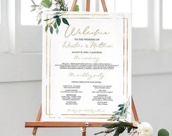 Signo del programa de bodas, cartel del programa, signo de bienvenida de la boda, signo de boda de bienvenida, signo de ceremonia, decoración de la boda, boda de oro falso, 0143_020