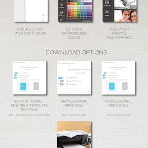 Puede incluir: Un gr&aacute;fico que muestra las diferentes opciones para editar y descargar una plantilla imprimible. La plantilla se puede editar con diferentes fuentes, colores e im&aacute;genes. Se puede descargar como PDF para imprimir en casa o profesionalmente.