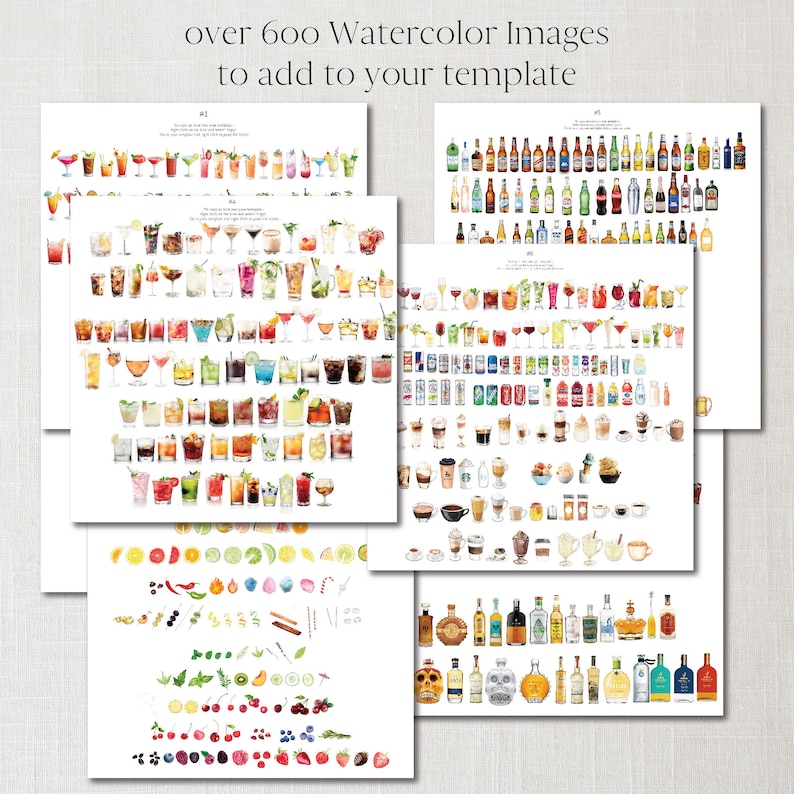 May include: A collection of over 600 watercolor images of various drinks, including cocktails, beers, coffees, and spirits. The images are arranged in rows and columns on a white background. The images are perfect for adding to your digital or physical designs.