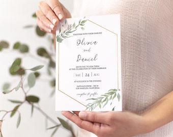 Greenery and Gold Wedding Invitation, Instant Download, Editable Invitation Template, Printable Wedding Invitation, Watercolor Boho, 0196_01