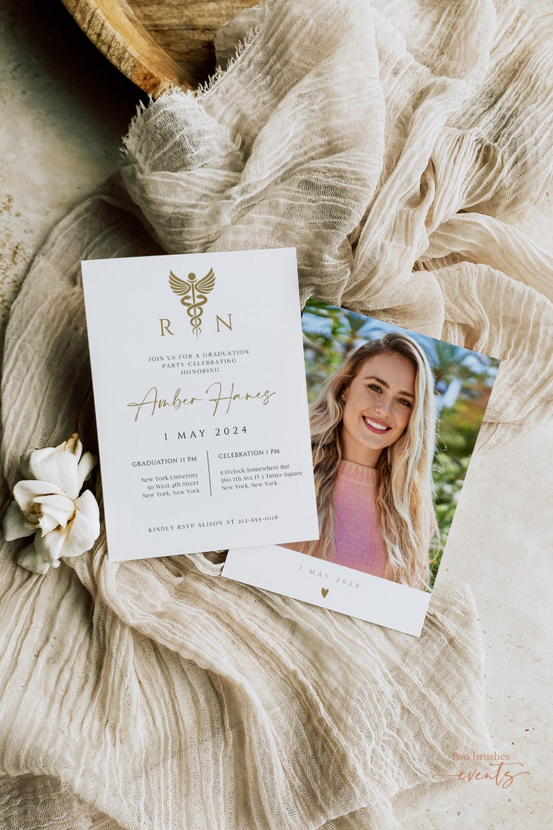 May include: A white invitation card with gold text announcing a graduation party for Amber Hanes. The card features a gold medical symbol with the letters "RN" and the date "1 May 2024". The card also includes the graduation and celebration locations and times.
