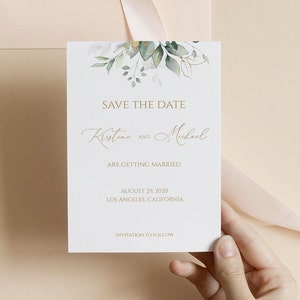Greenery Boho の Save the Date カード、結婚式招待状テンプレート、Save The Date ポストカード、結婚式の日付のお知らせ、DIY ウェディング、0204_012