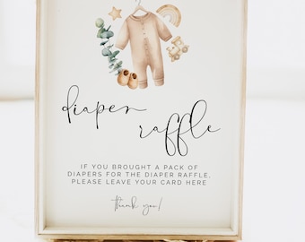 Diaper Raffle Sign Template, Neutral Boho Baby Shower Game Sign, Editable Instant Download, 0287