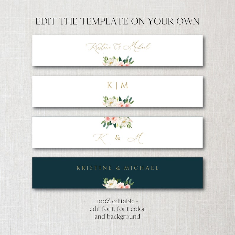 Floral Wedding Invitation Belly Band Template, Band for Wedding Invitation Téléchargement instantané, Blush and Gold Wedding Belly Band, 0202_050 image 6