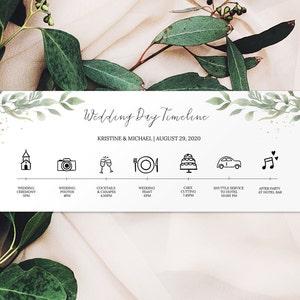 Modelo de cartão de cronograma para dia de casamento verde, cartão de ordem de eventos, modelo moderno de cronograma para dia de casamento, itinerário de casamento, eventos, 0196_019