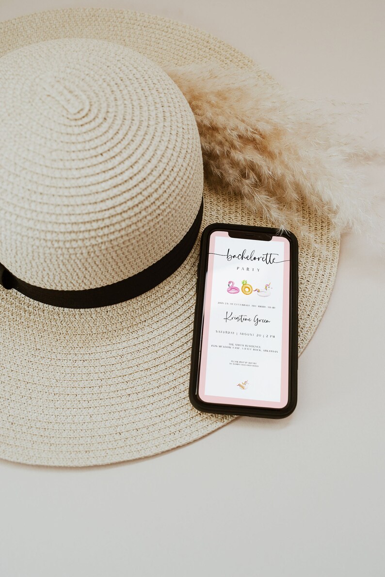 May include: A smartphone displaying a bachelorette party invitation with a pink background and colorful illustrations of inflatable pool floats. The text on the invitation reads "Bachelorette Party" and "Kristine Green".