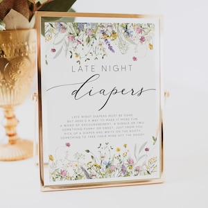 Wildflower Late Night Diapers Sign Template, Baby Shower Games, Diaper Game, Diaper Signing, Diaper Notes, Baby Shower Game Printable, 0267