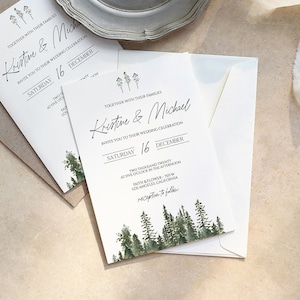 Modello di invito a nozze invernali, invito a nozze con albero di pino, invito a cerimonia di montagna, inviti di nozze stampabili nella foresta di Natale 0211_02