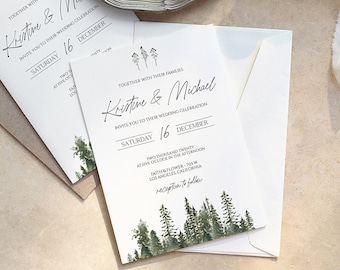 Winter Wedding Invitation Template, Pine Tree Wedding Invitation, Mountain Ceremony Invitation,Printable Xmas Forest Wedding Invites 0211_02