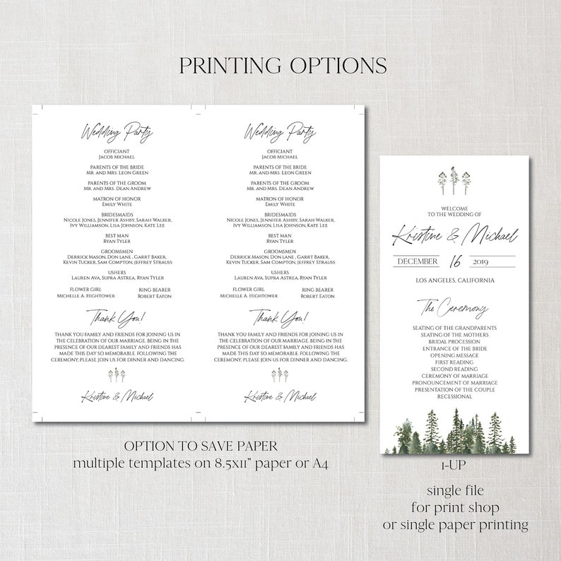 pine-tree-wedding-program-template-rustic-wedding-program-etsy