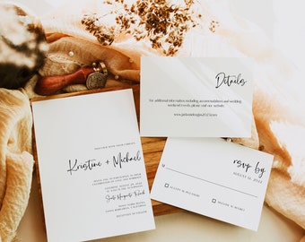 Minimalistic wedding invitation bundle with calligraphy templates. Aesthetic fall wedding invitation suite