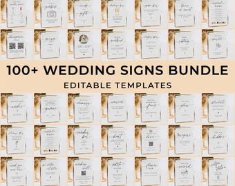 Könnte beinhalten: Eine Sammlung von Hochzeitsschildern mit verschiedenen Designs und Texten, darunter "100+ WEDDING SIGNS BUNDLE EDITABLE TEMPLATES". Die Schilder sind in Reihen und Spalten angeordnet, mit einem neutralen Hintergrund. Die Schilder verfügen über elegante Schriftarten und Grafiken.