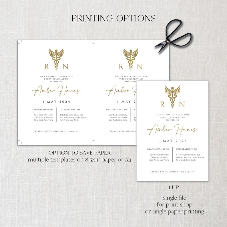 May include: Two printable versions of a graduation party invitation for a new Registered Nurse. The invitation features a gold caduceus symbol with the letters "RN" and the text "Join us for a graduation party celebrating Amber Hanes, 1 May 2024".