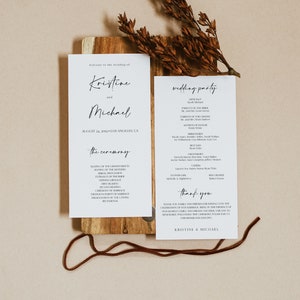 May include: A wedding ceremony programme with a simple, modern design. The programme includes the names of the bride and groom, Kristine and Michael, the date of the wedding, August 24, 2019, and the location, Los Angeles, CA. The programme also includes a list of the wedding party members and a thank you message to the guests.