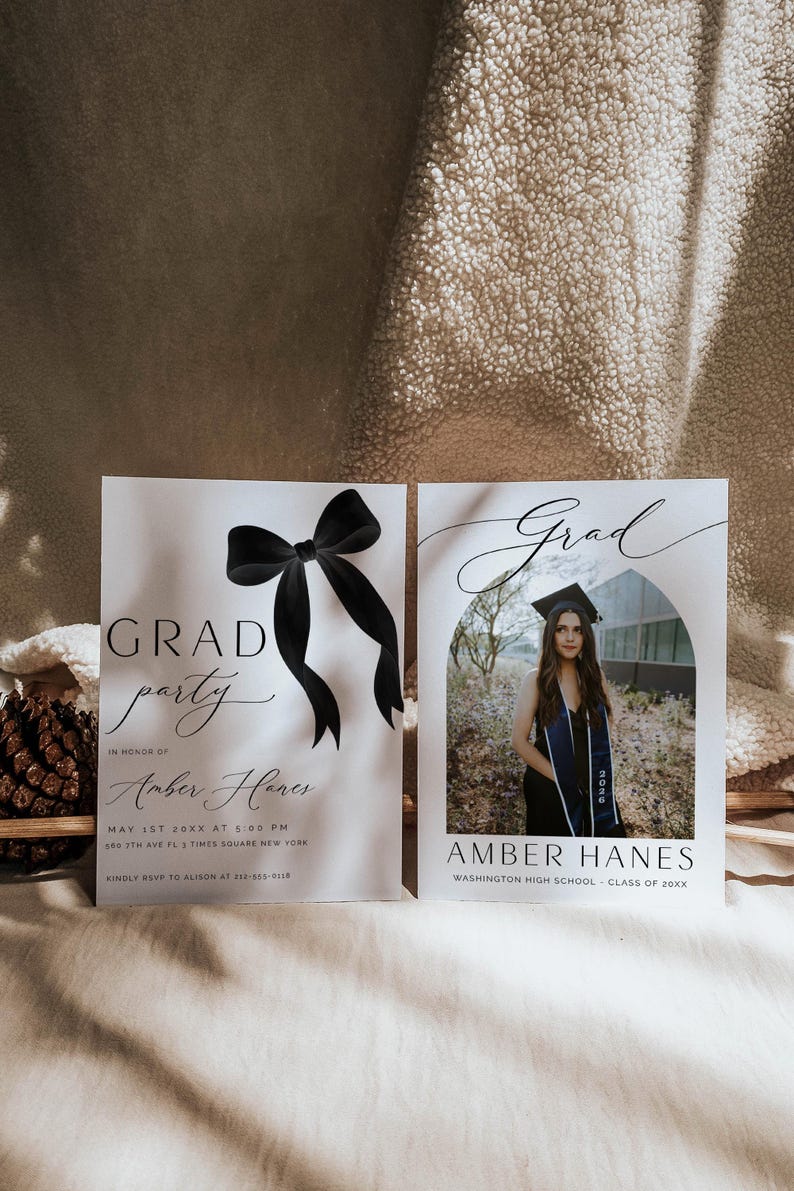 Graduation Amber Elegant Black Bow Graduation Invitation Template, Class of 2026 Photo ...