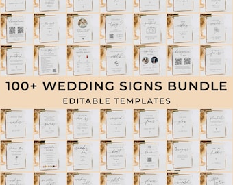 Könnte beinhalten: Eine Sammlung von Hochzeitsschildern mit verschiedenen Phrasen und Grafiken, darunter "Karten & Geschenke" und "Open Bar". Die Schilder sind auf hellem Hintergrund mit goldenen Akzenten und dem Text "100+ WEDDING SIGNS BUNDLE EDITABLE TEMPLATES" dargestellt.