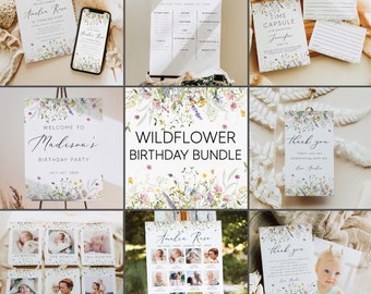 Wildflower First Birthday Bundle, 1st Birthday Bundle Template, Little Wildflower Birthday Invitation, Birthday Kit, Girl 1st Birthday, 0267