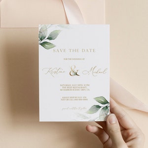 Save the Date Template, Instant Download, Printable Save Our Date Invitation Templett, Editable Save the Date, Greenery and Gold, 0195_012