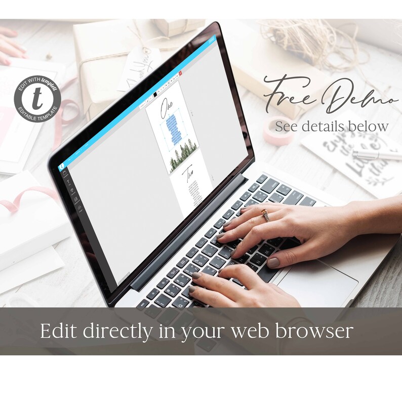 May include: A laptop computer displaying a wedding seating chart template with a blue and white colour scheme. The text "One" and "Two" is visible on the template. The text "Free Demo" and "See details below" is visible on the screen. The text "Edit directly in your web browser" is visible at the bottom of the image.