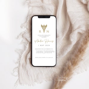 May include: A smartphone screen displaying a graduation party invitation for Amber Hanes, featuring a gold caduceus symbol and the text "RN". The invitation includes the date "1 May 2024" and details for the graduation ceremony and celebration.