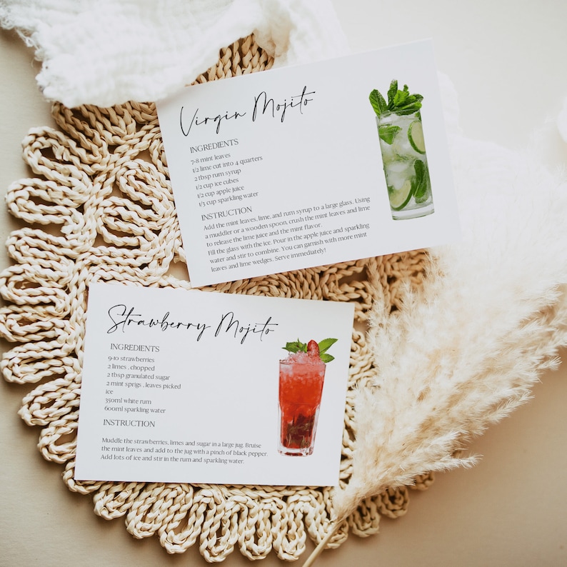 May include: Two recipe cards for Virgin Mojito and Strawberry Mojito cocktails. The Virgin Mojito card features a glass of mojito with lime and mint leaves. The Strawberry Mojito card features a glass of strawberry mojito with strawberries and mint leaves.