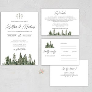 Winter Wedding Invitation Template, Mountain Wedding Invitation, Pine Tree Wedding Invitation Suite, Forest Wedding, Rustic Wedding 0211_01 image 2