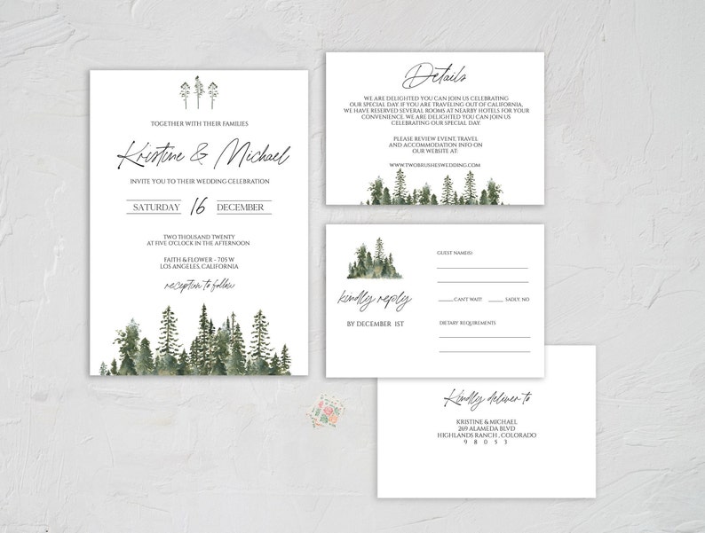 Winter Wedding Invitation Template, Mountain Wedding Invitation, Pine Tree Wedding Invitation Suite, Forest Wedding, Rustic Wedding 0211_01 image 2