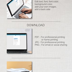 Puede incluir: La pantalla de una computadora port&aacute;til muestra una plantilla de dise&ntilde;o imprimible con el texto "Michel" y un fondo de acuarela azul. El texto "HERE IS HOW IT WORKS: EDIT DOWNLOAD PRINT ANYWHERE!" se muestra en la imagen. La imagen muestra los pasos para editar, descargar e imprimir una plantilla de dise&ntilde;o imprimible.