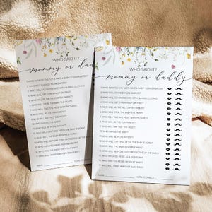 Indovina chi è mamma o papà, Gioco mamma o papà, Giochi stampabili per baby shower, Indovina chi l'ha detto per primo, Modello per indovinare chi, Baby shower, 0267