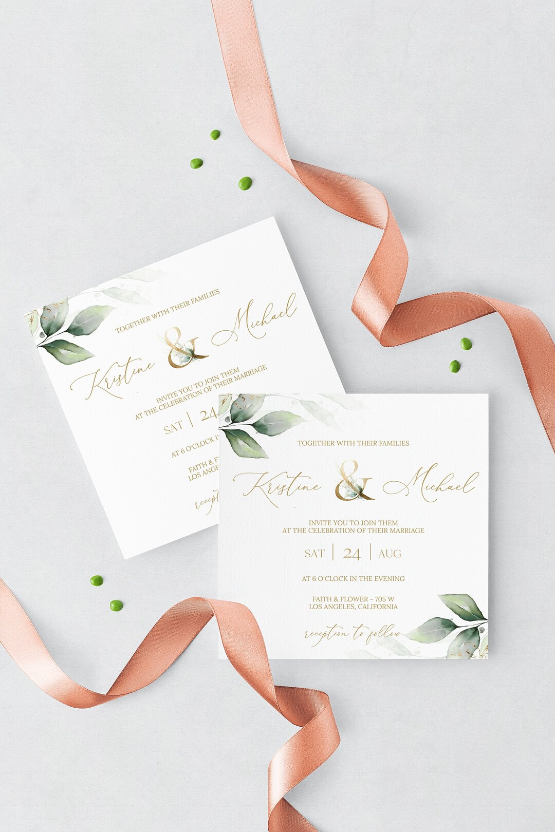 Square Wedding Invitation Template, Greenery Wedding Invitation