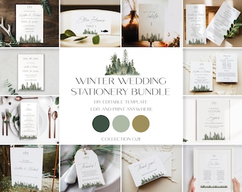 Winter Wedding Stationery Bundle Suit, Forest Wedding Invitation Set, Wedding Suite, Templates Bundle, Mountain Wedding Suit  0211_040