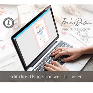 May include: A laptop computer displaying a pink and blue printable hen party invitation with the text "Welcome to the Bachelorette Party" and the name "Kristina Green". The text "Free Demo" and "See details below" are also visible on the screen.