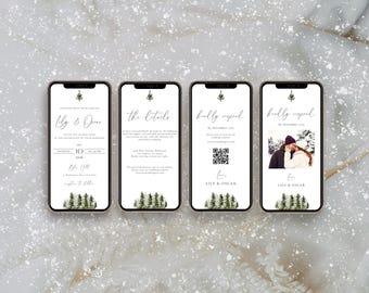Juego de invitaciones electrónicas de boda de pino, invitación de boda rústica, invitación digital de boda, invierno, montaña, invitación de boda, RSVP 0271