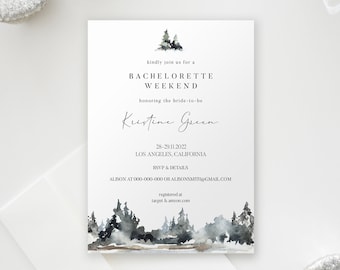 May include: A white card with black text announcing a bachelorette weekend for Kristine Green in Los Angeles, California on November 28-29, 2022. The card features a watercolor illustration of a forest with trees and fog.