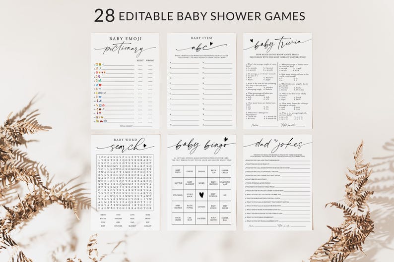 Puede incluir: Un conjunto de 28 juegos de baby shower imprimibles. Los juegos incluyen pictionary de emojis de beb&eacute;, abc de art&iacute;culos de beb&eacute;, trivia de beb&eacute;, b&uacute;squeda de palabras de beb&eacute;, bingo de beb&eacute; y chistes de pap&aacute;. Los juegos son en blanco y negro con un dise&ntilde;o simple y moderno.