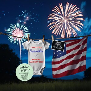 Onze kleine babyaankondigingssjabloon | Babyaankondiging 4 juli | Digitale sociale media-onthulling | Patriottische baby-onthulling