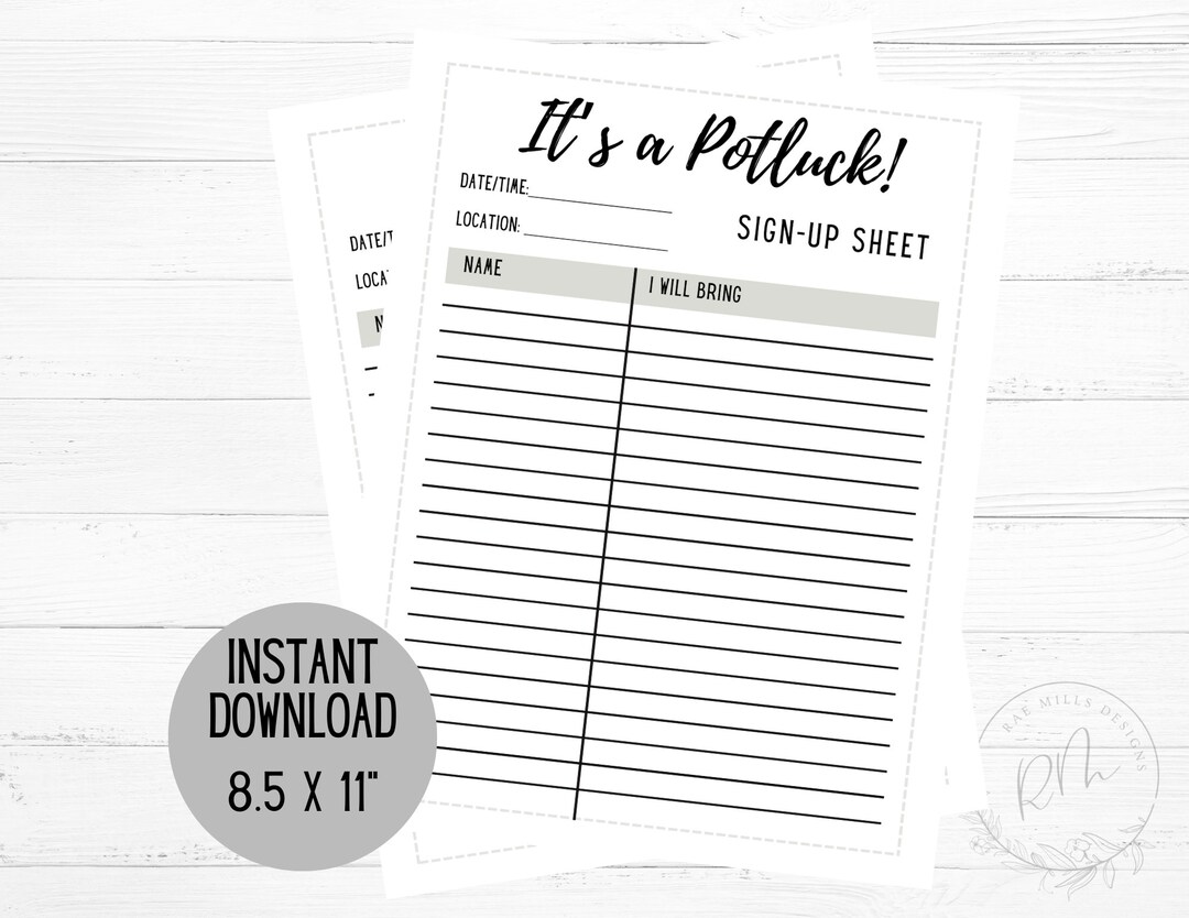 Printable Blank Potluck Sign up Sheet | Office Potluck | Church Potluck ...