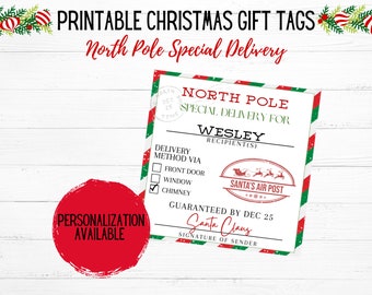 Personalized North Pole Special Delivery From Santa Gift Tag | Kids Christmas Gift Tags | North Pole Delivery