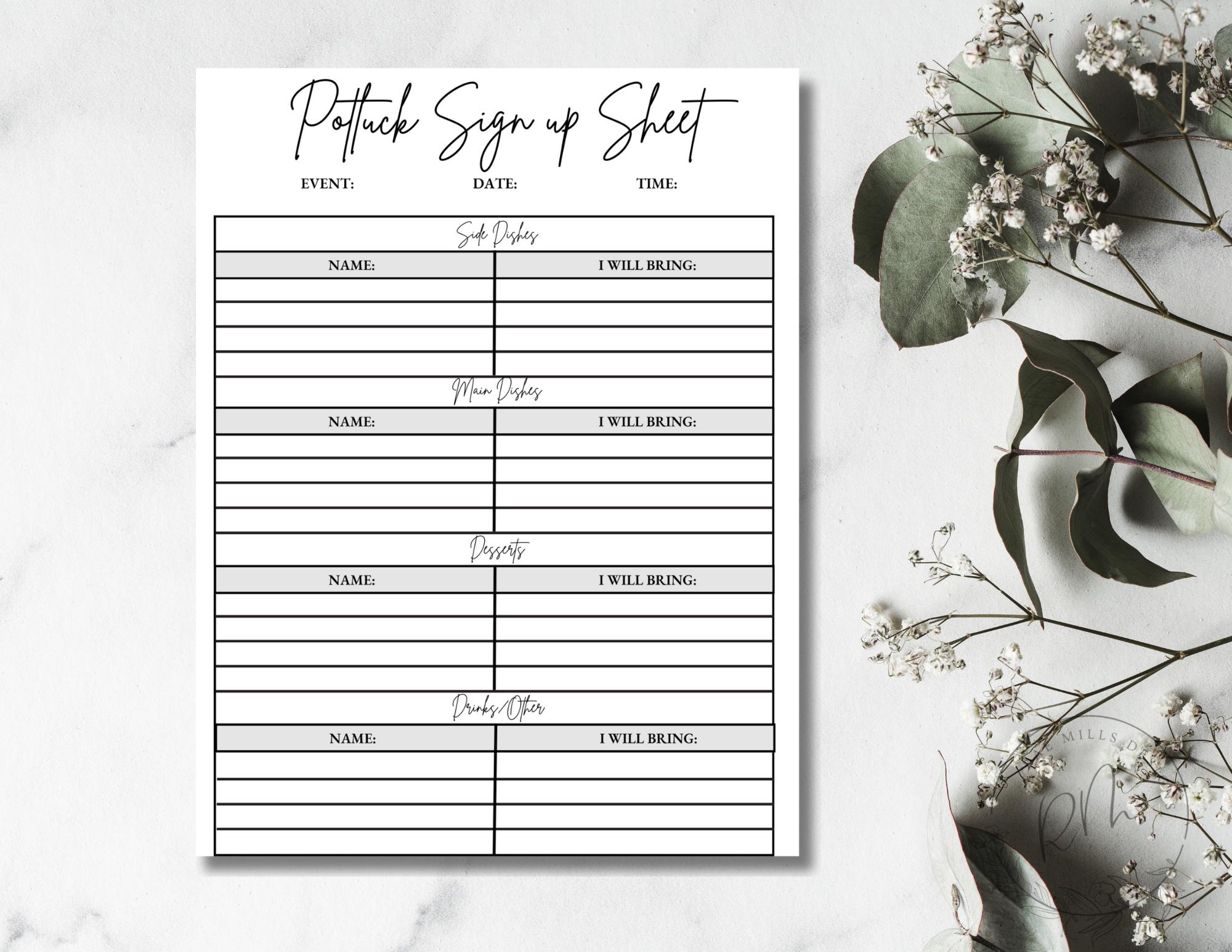 Printable Potluck Sign up Sheet: Blank Organizer (digital Download) - Etsy
