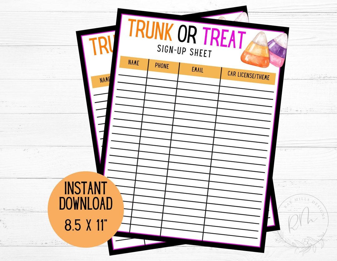 Printable Trunk or Treat Sign up Sheet Church Signup Sheet Halloween Printable Trunk or Treat Sign up Sheet Church Signup Sheet Halloween