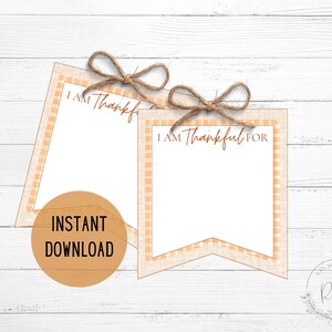 Puede incluir: Dos pancartas de Acción de Gracias imprimibles con un patrón de cuadros vichy en naranja y blanco. Las pancartas dicen "Estoy agradecido" y "Estoy agradecido por".